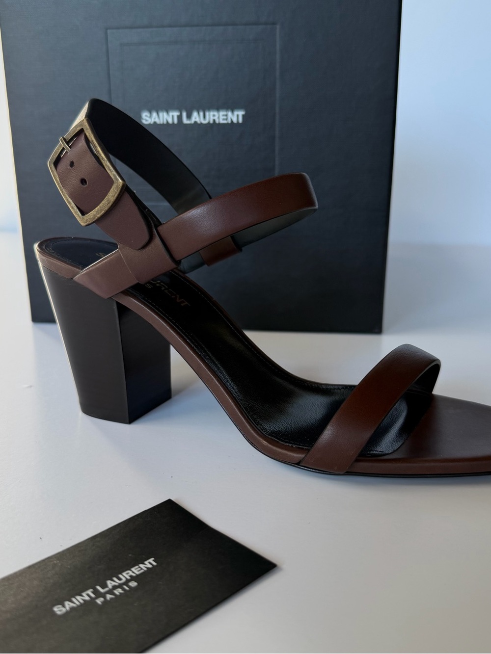 NWT Saint Laurent Brown Leather Block Heel Sandals with Brass Buckle